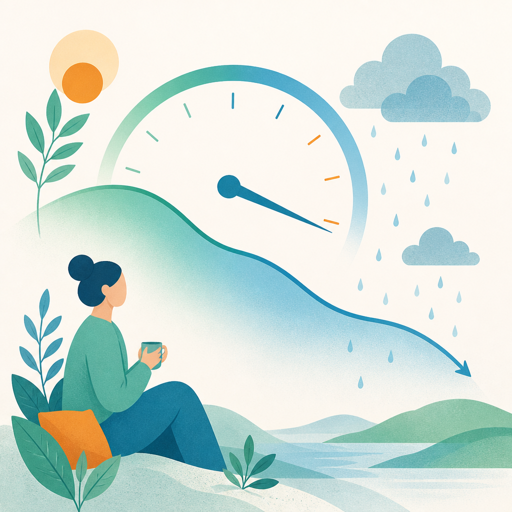 低気圧と頭痛の関係をイメージした、気圧計と雨雲、こめかみに手を当てる人のやわらかいイラスト