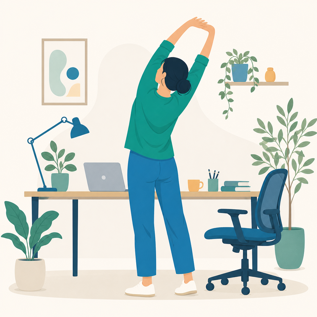 座りっぱなしを中断してストレッチをする人のイラスト(恵比寿の整体サロンHAUOLAのセルフケア紹介)